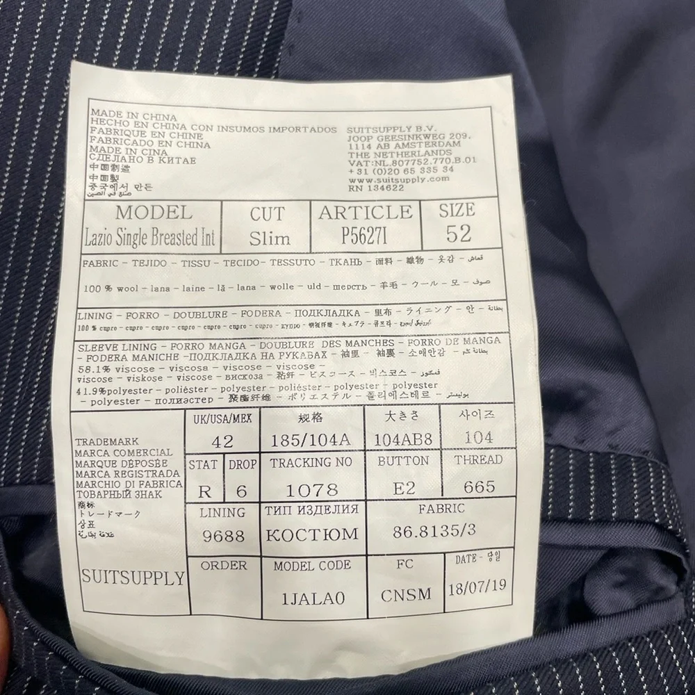 SuitSupply‎ Lazio Single Breasted Int Slim 42R Blue Stripe Blazer Sport Coat
